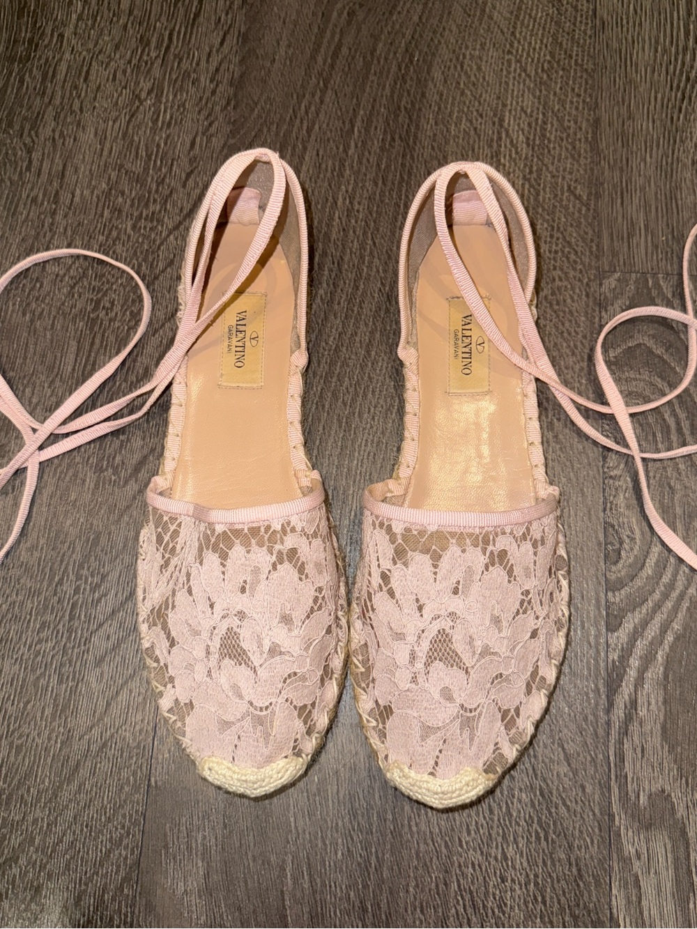 Valentino Pink Lace Espadrille Flats with Ankle Ties
